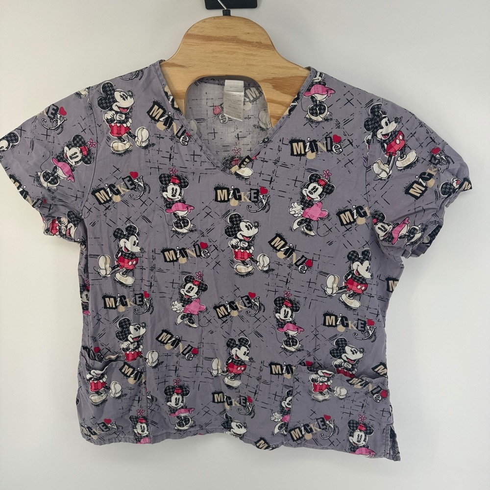 Disney Mickey & Minnie Mouse Scrub Top Gray XL V-Neck 100% Cotton SLL36700TF